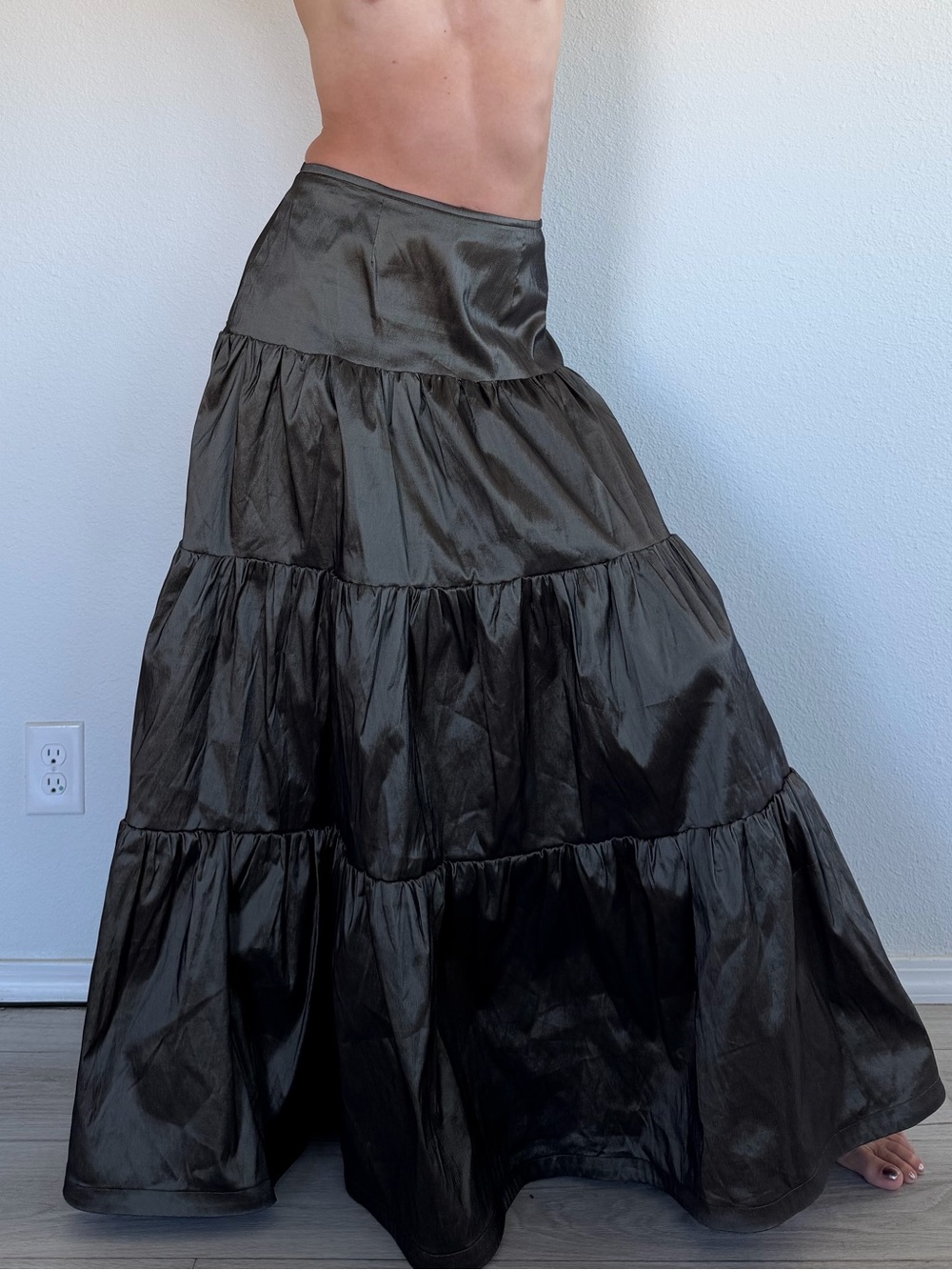 Vintage Tadashi Shoji Shiny Olive-Tone Tiered Maxi Skirt